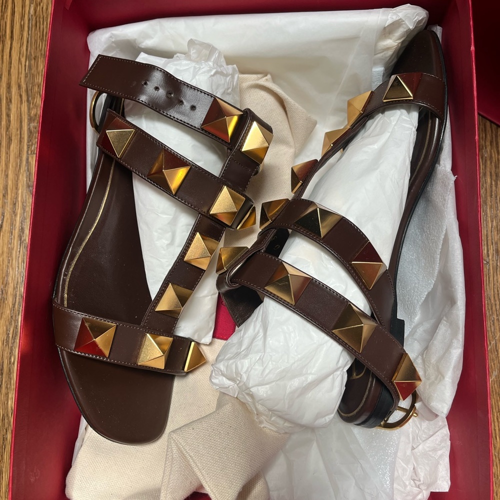 Valentino Brown Gold Studded Sandals